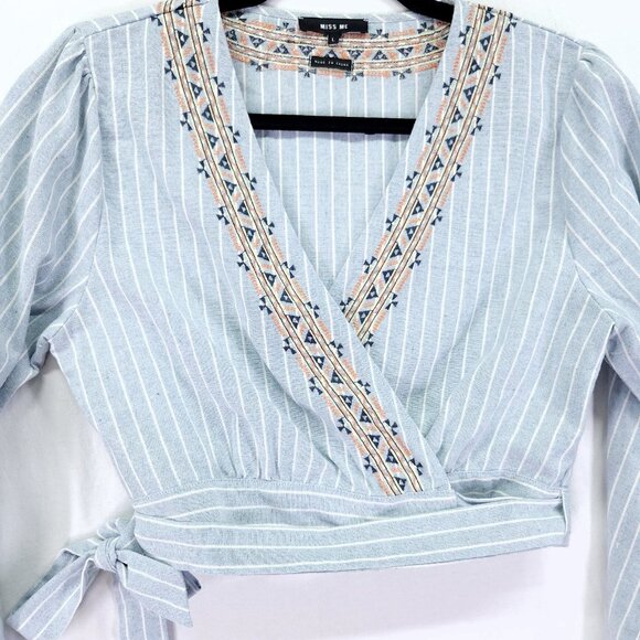 Miss Me Embroidered Linen Wrap Top Size Large Striped Crop Waist Tie Chambray - Picture 16 of 16